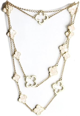 Designer Style Gold Lucky Four Leaf Clover 36" Long Alhambra Strand Necklace with Beautiful Pearl Inlays