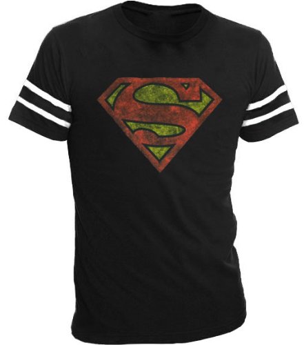  Superman Distressed Logo With Striped Sleeves Black Adult T-shirt Tee