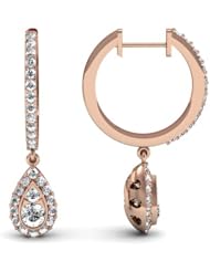0.55 Ct Dainty Hoop Dangle Styled Pave Set Round Cut Diamonds Earrings 14K White Gold