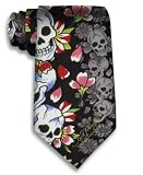 Ed Hardy Skull Floral Metallic Print Silk Tie