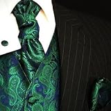 Paul Malone wedding waistcoat Set green 5pcs tuxedo vest + Neck Tie + Plastron + Hanky + 2 cufflinks