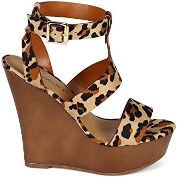 Breckelles CC54 Women Suede Open Toe Wooden Platform Wedge Sandal - Leopard (Size: 7.5)