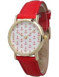 Womens Geneva Multi Anchor Design Gold Trim Leather Watch - Red
