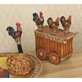 French Country Rooster Cheese Spreaders With Decorative Cart Holder by Fancy Feather Collection