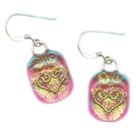Sweet Hearts! Hand Crafted Artisan Fused Art Glass Earrings - Golden Dichroic, Pink Glass... by 