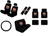 15 Piece Auto Interior Gift Set - Football Club Barcelona - 2 Front Seat Covers (2 Front and 2 Bottom), 2 Headrest Covers, 2 Seat Belt Shoulder Pads, 1 Steering Wheel Cover, 1 Bench Seat Cover (1 Top and 1 Bottom), 4 Floor Mats (2 Front and 2 Rear)