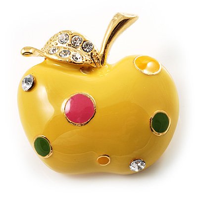 Yellow Enamel Crystal Apple Brooch