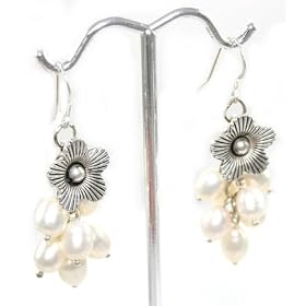 Beautiful Genuine Freshwater White Pearl and Flower Cluster Earrings on 925 Sterling Silver Hooks...