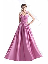 A-line Satin Lace Beaded Halter Floor Length Dropped   Waistline Sweetheart Prom Dress 
