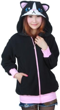 Koczy Women's Animation Design Fleece Zip Up Hoodie Jacket Sweatshirts (Large (Fit 5.4 Feet---5.7 Feet Hight), Black Cat)