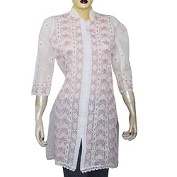 White Long Sleeve Cotton Top Blouse Chikan Embroidery Size M