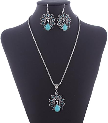JEWHOTFAS Hot Sale Newest Fashion Jewelry Exaggerated Retro Vintage Punk Style Tibetan Silver Turquoise Peacock Pendant Necklace Earring Set
