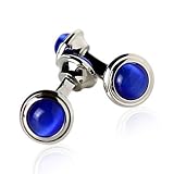 Double-sided Blue Catseye Round Cufflinks in Rhodium Silver with Presentation Box