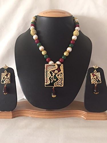 Party Wear Polki Pearl Red/Maroon White CZ Bridal Necklace Earring Set Gold Tone Jewelry