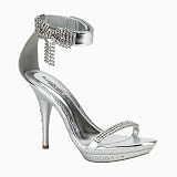 Womens Strappy Shoe High Heel 4 1/4 Inch Sexy Rhinestone Platform Ankle Strap Bow High Heel Silver