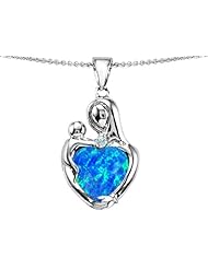 Original Star K (tm) Large Loving Mother With Child Pendant With 12mm Heart Shape Created Blue Opal in 925 Sterling Silver