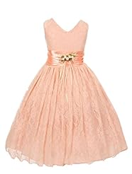 Girls Satin Sleeveless  Lace Tea Length  Dress With a Bow(s) and a Ribbon  and a Sash 