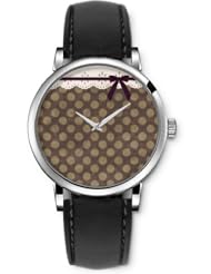 SPRAWL Aanalog Fashion Series Silver Ladies Watches of Genuine Black Leather Strap,Unique Wrist Watch for Women Girls Designed with Polka Dot Lace Trim