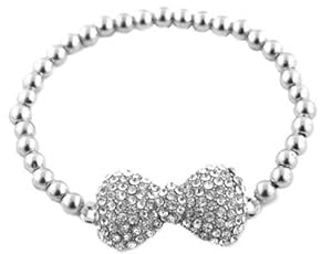 Ladies Silver Iced Out 3D Bow Bracelet with Metal Beaded Disco Balls Shamballah