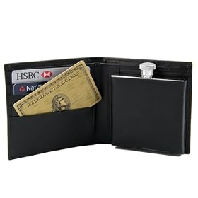 2oz. Stainless Steel Flask in Black Leather Wallet