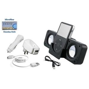 Portable Folding Black Stereo Speaker with USB cable + 3-in-1 Charger Kit for iPod, iPhone, Nano all Generations, Incl. DBROTH Microfiber Cleaning cloth