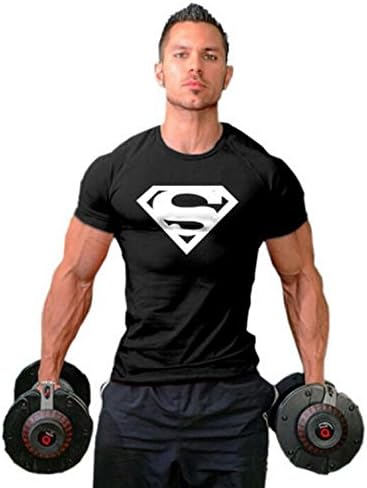 HJJQ Men Superman Sport Gym Black T-Shirt Bodybuilding Fittness Cotton Shirt XL