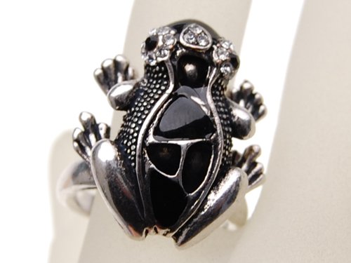 Antique Inspired Silver Tone Black Enamel Frog Crystal Rhinestone Sized Ring