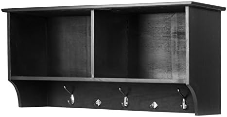 36" Wide Hanging Entryway Shelf with Coat Hook, 100% Natural Wood Black