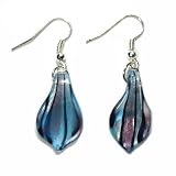 Art Glass Fire Blown Hand Painted Earrings Layered in Sterling Silver, Shades of Blue