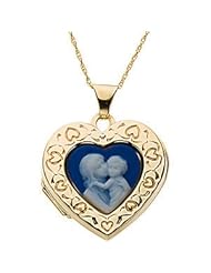 Mother Holding her Child Cameo Agate Heart Locket Necklace in 14k Yellow Gold