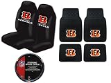 A Set of 4 NFL Universal Fit Front All-Weather Floor Mats and A Set of 2 Universal Fit Seat Covers and 1 Steering Wheel Cover - Cincinnati Bengals