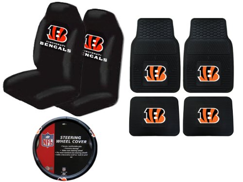 A Set of 4 NFL Universal Fit Front All-Weather Floor Mats and A Set of 2 Universal Fit Seat Covers and 1 Steering Wheel Cover - Cincinnati Bengals