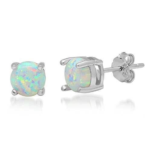 .925 Sterling Silver 6Mm. Round Shape Created Opal Stud Earrings