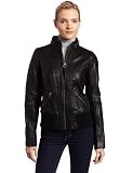MICHAEL Michael Kors Womens Zip Collar Knit Inset Leather Jacket, Black, Large