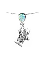 Original Star K (tm) Little Boy Holding a Balloon Mother Birthstone Created Opal Pendant in .925 Sterling Silver