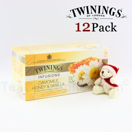 Twinings Fruit Herbal Infusions Camomile Honey & Vanilla Tea / 25 Tea Bags / 50g / 1.8oz. (12 Packs) [Holiday Bonus Pack - includes one free santa bear]