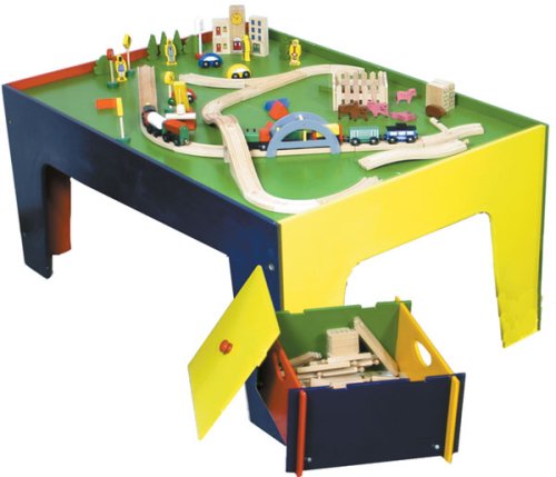 41YnvB47ajL Wooden Train & Multi Colored Table and Toy Box Set, 90 Pc.