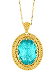 14K Yellow Gold 18" 1.4mm Lcab035 Cable Chain With Lobster Clasp And 19X23mm Semi Oval Blue Topaz Faceted Pendant