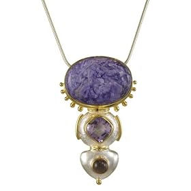 22k Gold Overlay Sterling Silver Amethyst & Charoite Pendant by Michou, 18" by 