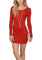 Knit Spring Long Sleeves Open-Back Pleated Round Neck  Dress