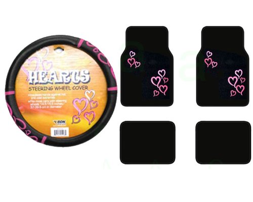 Universal Fit Multicolor Pink and Red Hearts Plush Carpet Floor Mats and One Love Story Hearts Pink Comfort Grip Steering Wheel Cover