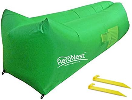 Portable Inflatable Air Lounger with Pockets Headrest and Ground Stakes By AeroNest (Green, Headrest)