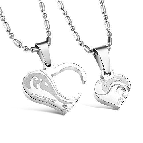 Love Necklace Set - YiaMia(TM) Lover Necklace for Couples with Pendant Stainless Steel Love Necklaces for Woman/ Men/ Teen Girls Valentines  Day and Christmas Gift (Silver Love Heart Puzzle Pendant)
