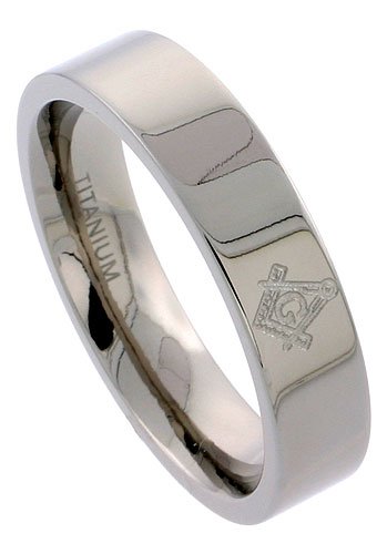 Titanium 6 mm (1/4) Flat Comfort Fit Band with Masonic Symbol and Polished Finish
