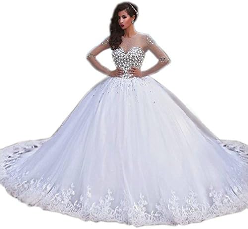 Lwdress Women's Pearl Crystal Beaded Princess Wedding Dress For Bride