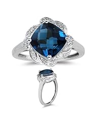 0.09 Cts Diamond & 3.02 Cts London Blue Topaz Ring in 14K White Gold
