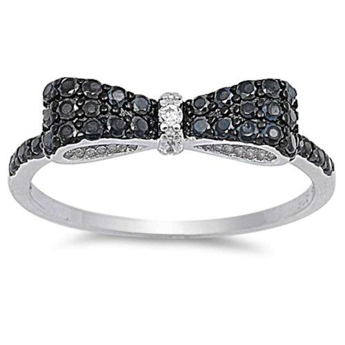 Black & White Cz Bow Tie .925 Sterling Silver Ring Sizes 4-12