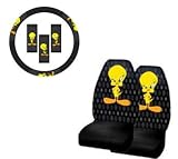 A Set of 2 Front Universal Fit Bucket Seat Cover and Steering Wheel Covver - Looney Tunes Tweety Bird Attitude