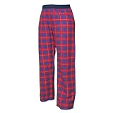 Navy Blue and Red tartan plaid check flannel cotton pants for lounging, sleep, sports. Unisex relaxed fit, available in 3 Youth sizes, exposed elastic waist