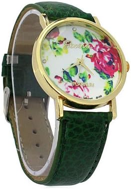 Amjimshop Newest 1pc Fashion Women Lady Girl Elegant Leather Rose Flower Quartz Watch (green)